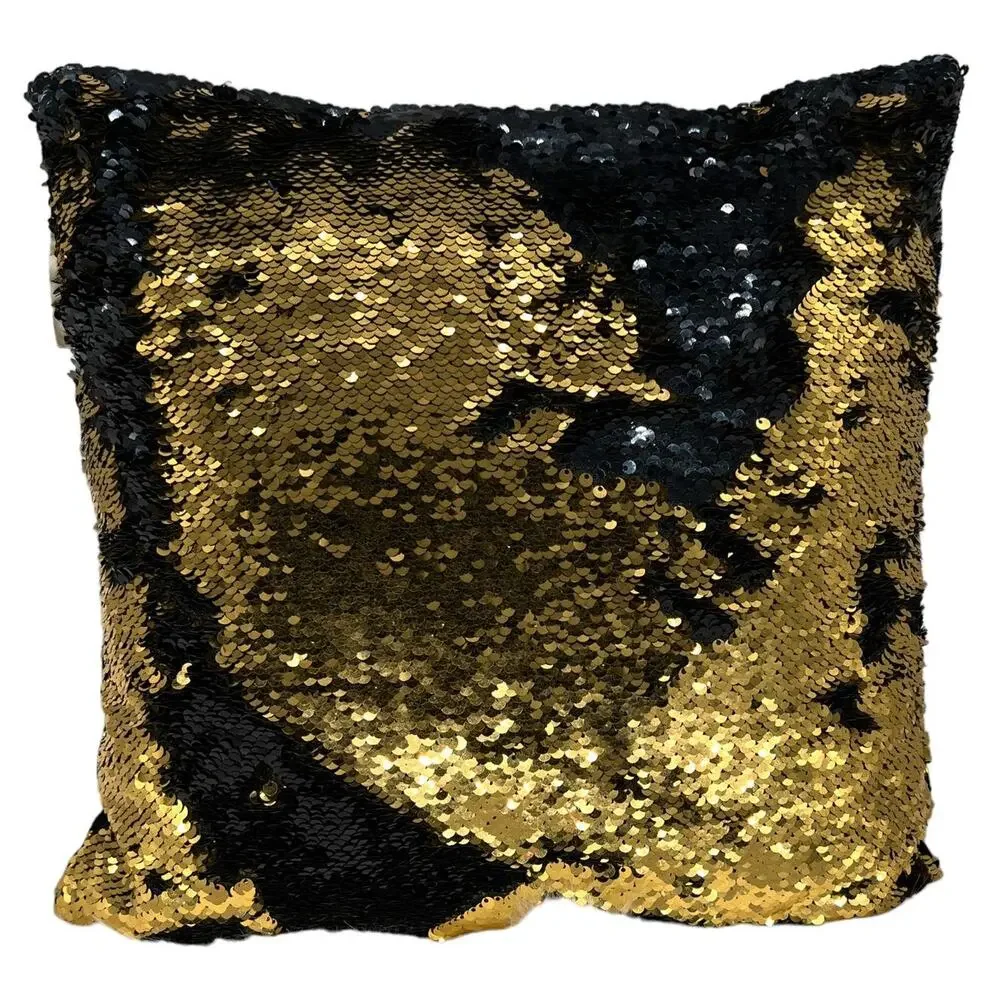 Square Sequin Magic Mermaid Throw Pillow Sparkling Black/Gold Color Shift -Black